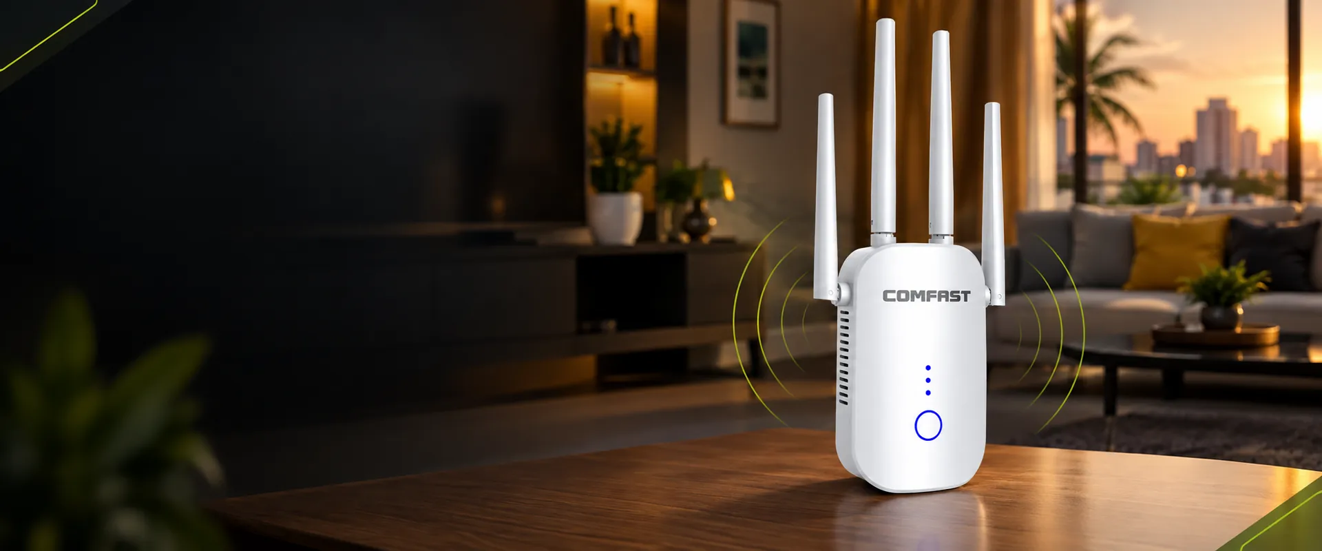 Répéteur WiFi COMFAST CF-758AC dans un salon à Dakar – Techmarket SN