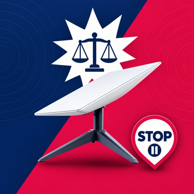 Antenne Starlink et symbole de la justice illustrant la suspension de sa licence au Sénégal