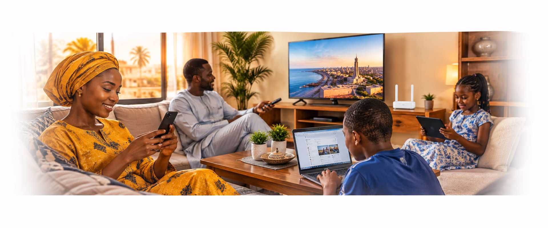 Foyer sénégalais utilisant plusieurs appareils connectés via un forfait Starlink résidentiel