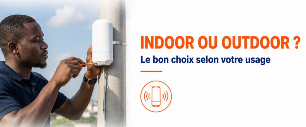 Technicien installant un point d'accès wifi outdoor sur un poteau extérieur au Sénégal
