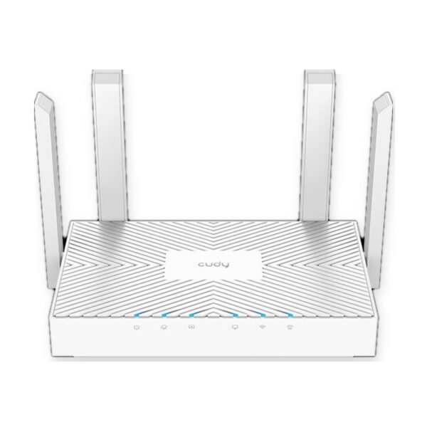 Routeur WiFi Cudy WR1300E AC1200 blanc avec 4 antennes externes, vue de face