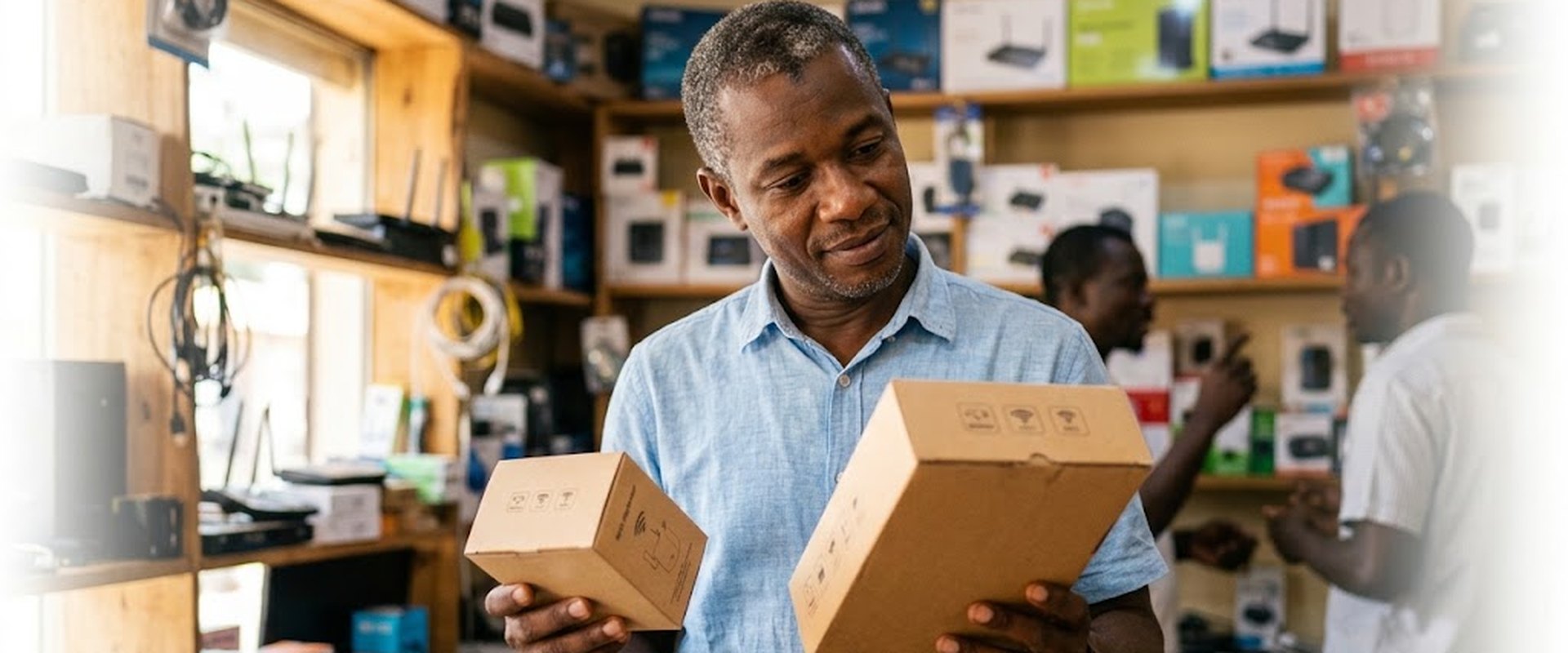 Client dans une boutique à Dakar hésitant entre un répéteur WiFi 5 et un répéteur WiFi 6