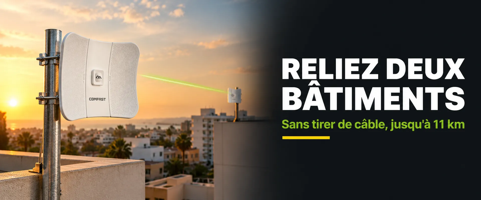 Pont WiFi COMFAST CF-E317A sur un toit à Dakar reliant deux bâtiments