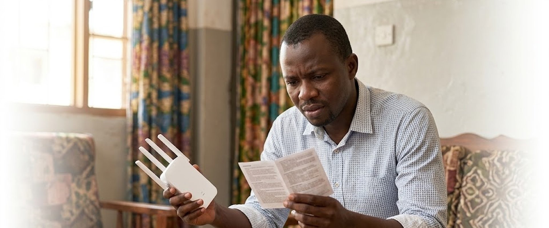 Homme à Dakar découvrant comment installer un répéteur WiFi avec la notice