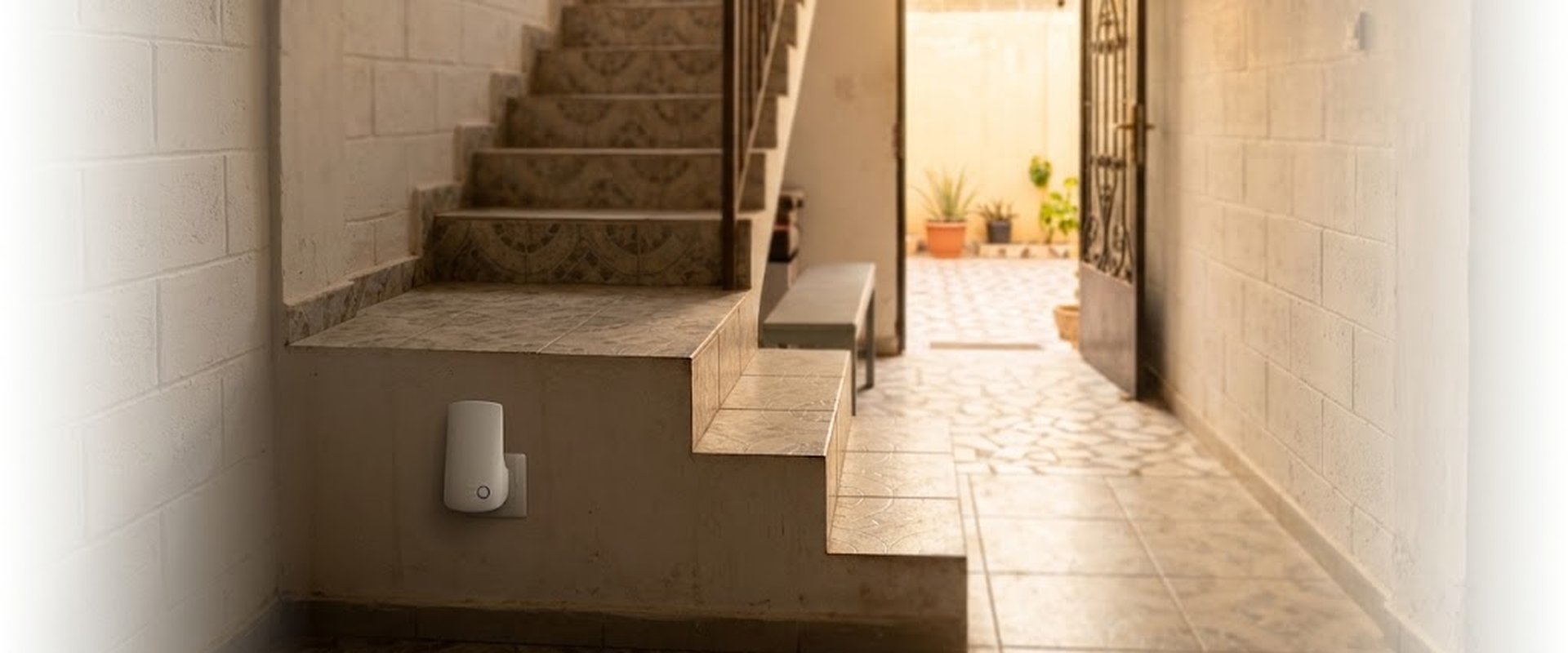 Répéteur WiFi branché au pied d'un escalier en béton dans une maison à Dakar
